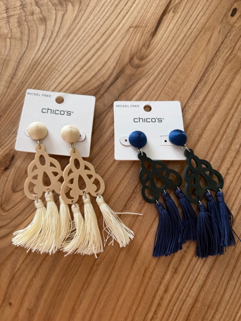 Chico's Double Tassel Drop Earrings in Cream and Navy